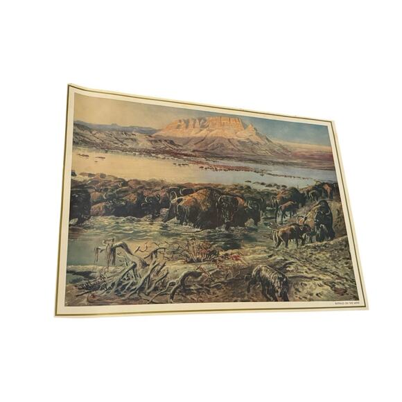 Vintage Wildlife Print Buffalo on the Move Bison Herd Western Americana Art READ - Picture 2 of 9